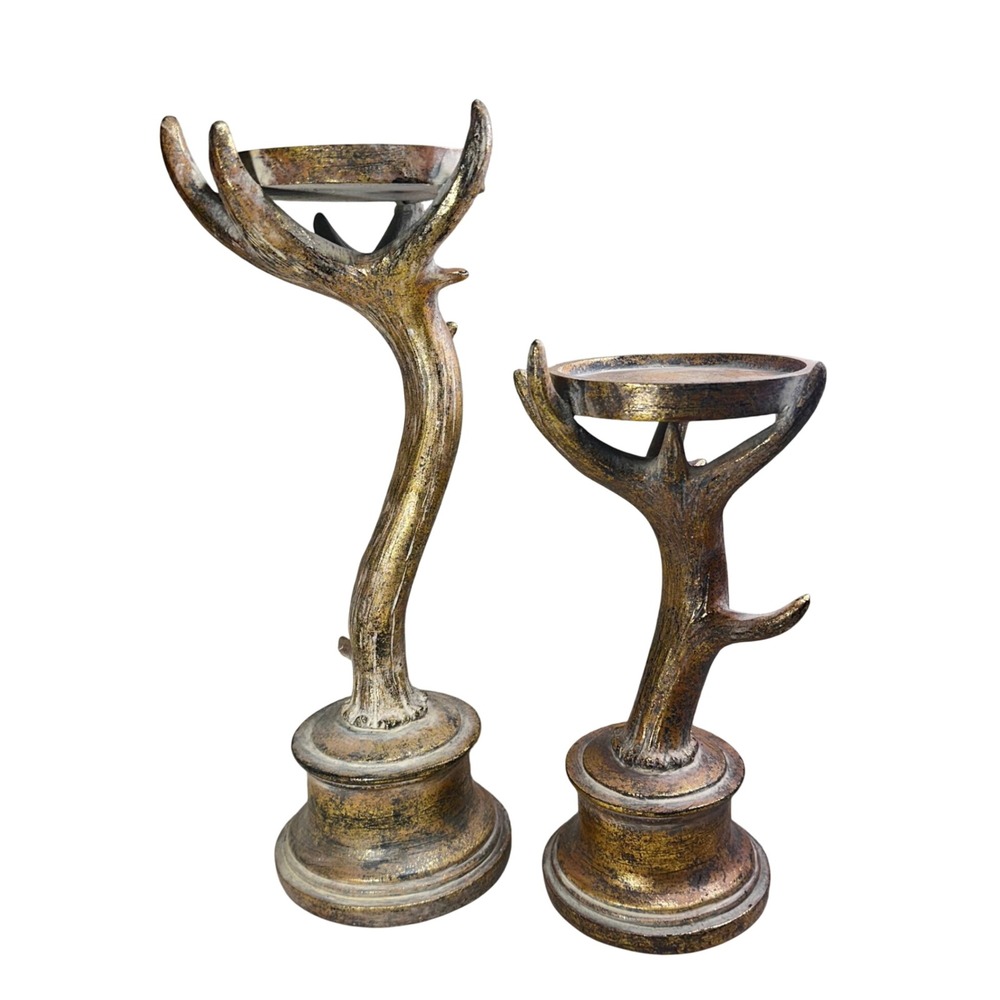 Rustic Faux Antler Candle Holder Set Gold‎ Bronze Distressed Lodge Decor 2 Piece